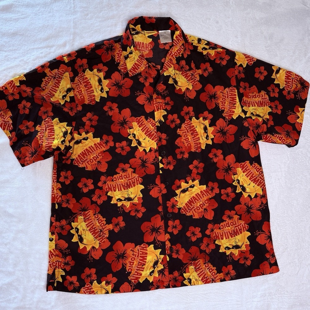 Hawaiian‎ Tropic Aloha Shirt XL Black Red Hibiscus Y2K Vacation Resort Beach